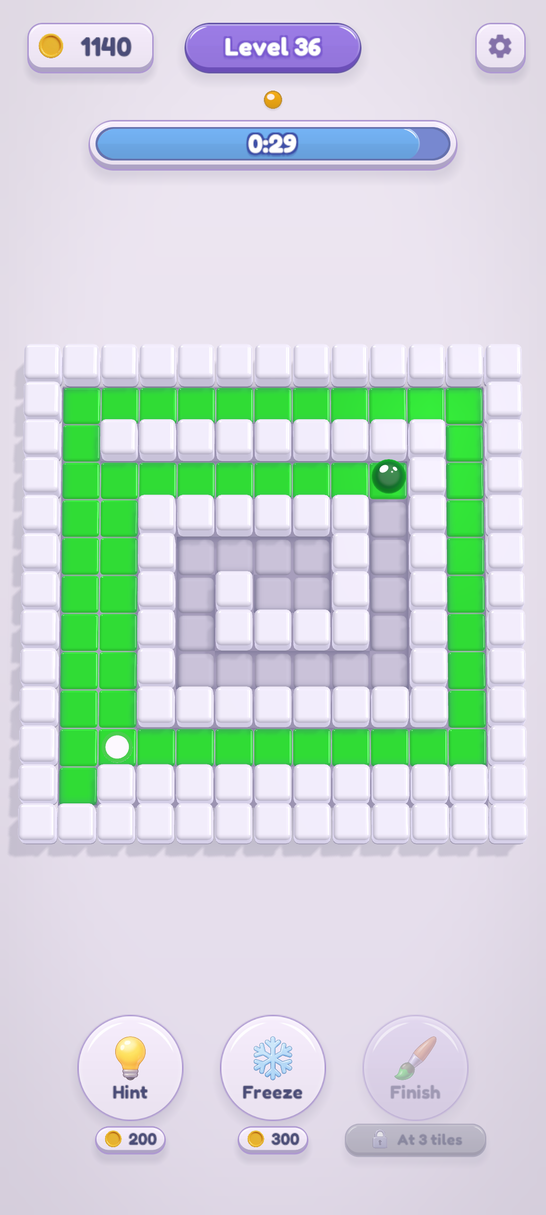 A green paint trail halfway through a level, with the timer at the top
